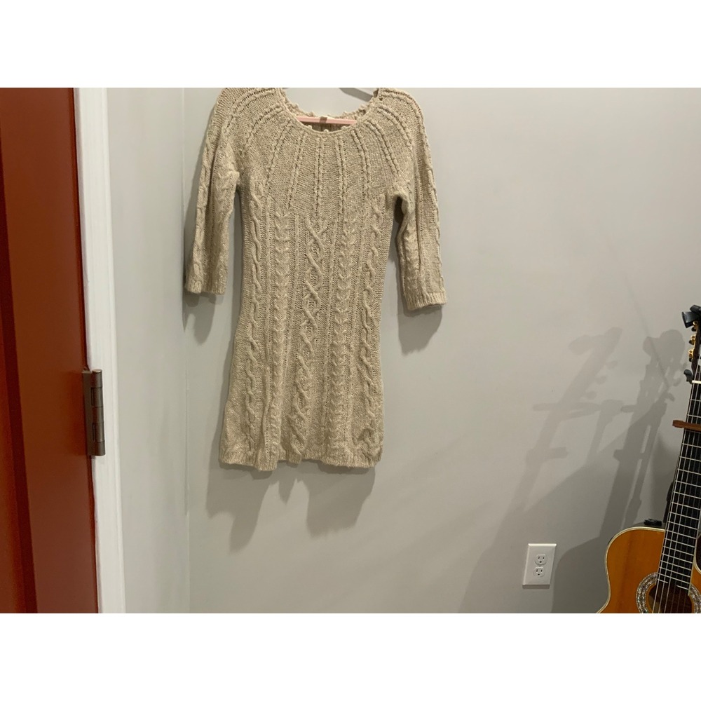 Women's Cream Cable Knit‎ Sweater Dress 3/4 Sleeve Mini Length